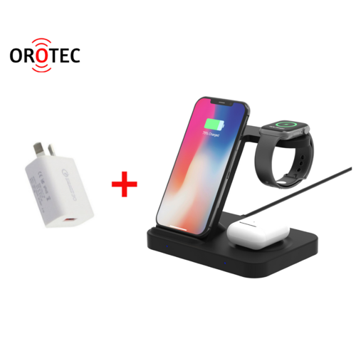 Orotec 15W Multi Made for Apple Wireless Charging Station (3-in-1 Wireless Charging Ports plus 1 extra USB Port) 4-in-1 with Qualcomm Charger