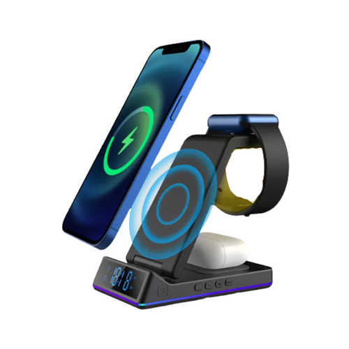 5-in-1 Fast Wireless Charger Station with Time Function, Alarm Clock and LED Lights (15W) with 18W Qualcomm Adapter