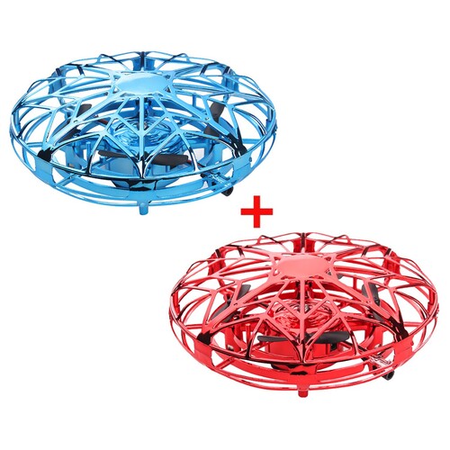 Gift Pack: 2-Set BOOMA Mini UFO Interactive Drone Infrared Sensor Flying Gadget Toy, Blue + Red