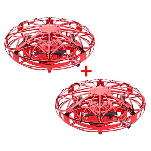 Gift Pack: 2-Set BOOMA Mini UFO Interactive Drone Infrared Sensor Flying Gadget Toy, Red