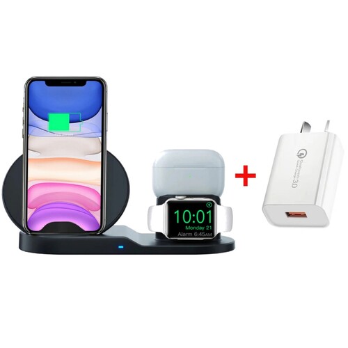 10W 3-in-1 Fast Charge Triple Wireless Charger Station for Apple (Black) + 18W Qualcomm Charger Kit