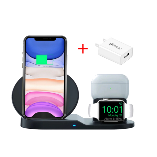 10W 3-in-1 Fast Charge Triple Wireless Charger Station for Apple (Black) with Qualcomm Charger