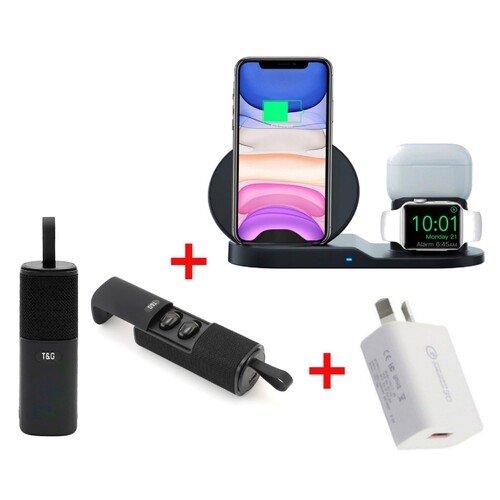 Gift Pack: 3-in-1 Wireless Charger Station + Duo Wireless Speaker TWS Earbuds