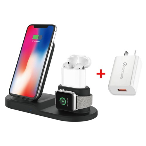 10W 3-in-1 Fast Charge Triple Wireless Charger Stand for Apple (Square) Black + 18W Qualcomm Charger Kit