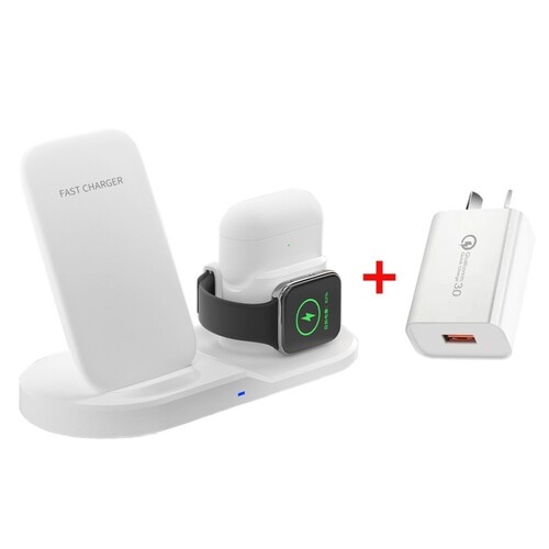 10W 3-in-1 Fast Charge Triple Wireless Charger Stand for Apple (Square) White + 18W Qualcomm Charger Kit