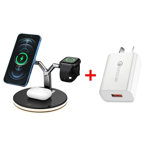 25W 3-in-1 Triple Wireless Charging Station Dock for MagSafe iPhone 12 Series Black + 18W Qualcomm Charger Kit