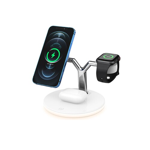 25W 3-in-1 Triple Wireless Charging Station Dock for MagSafe iPhone 12 Series / Apple Watch / AirPods Pro with Touch Light, White