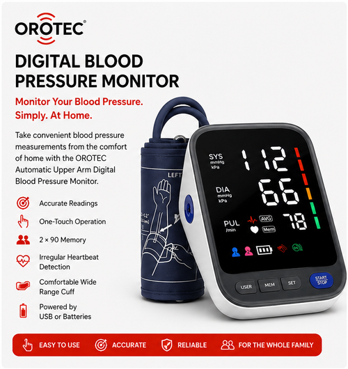OROTEC Automatic Upper Arm Digital Blood Pressure Monitor – Dual User Memory
