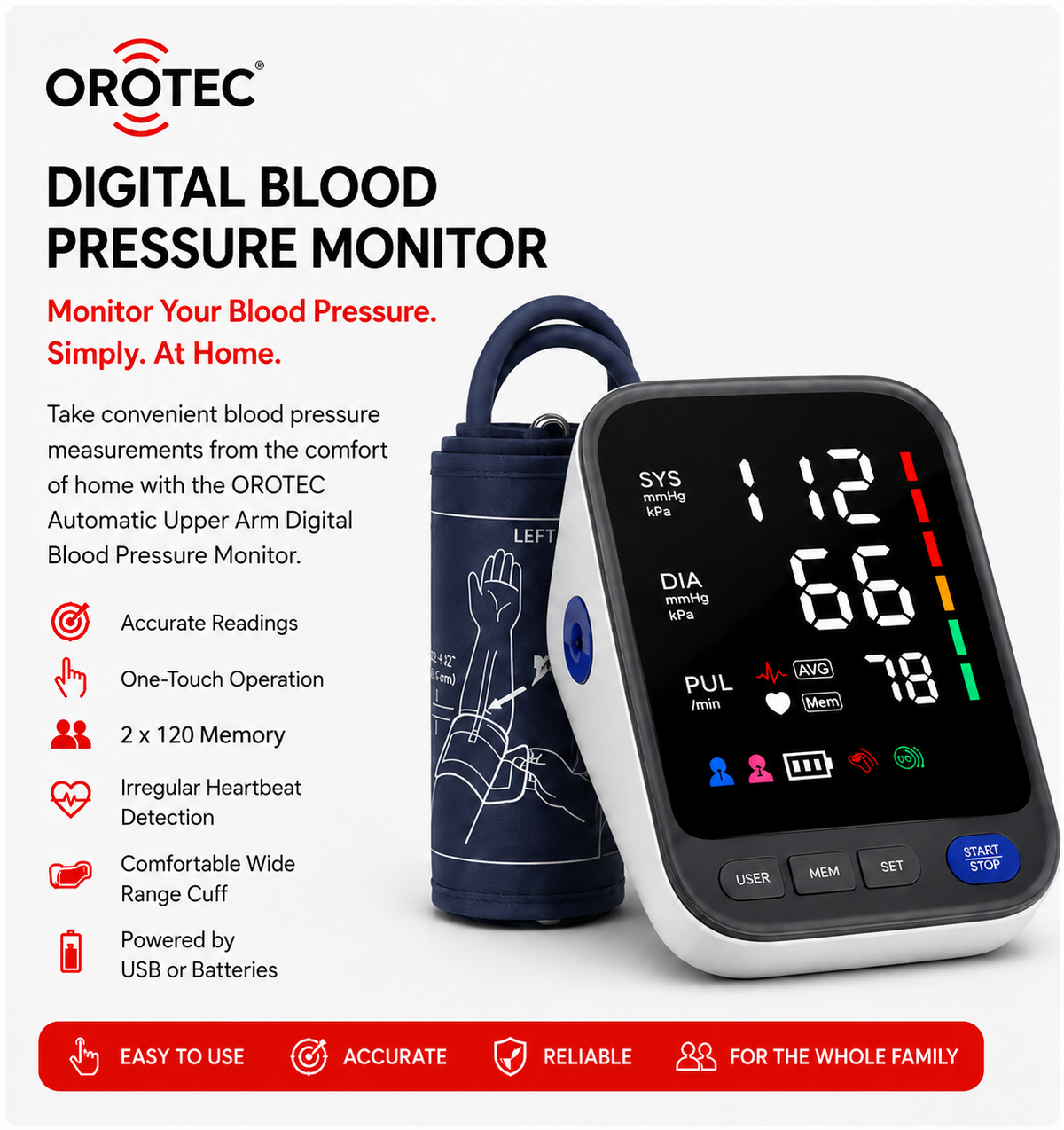 OROTEC Automatic Upper Arm Digital Blood Pressure Monitor – Dual User Memory
