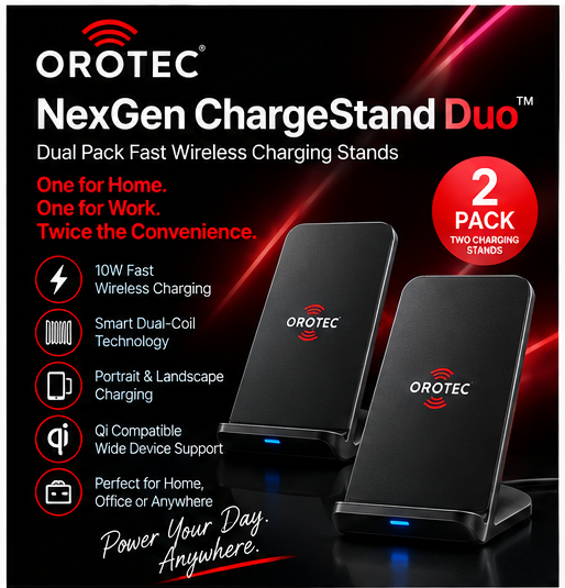 OROTEC NexGen Charge Stand Duo™ 10W Dual-Coil Wireless Charger – 2 Pack