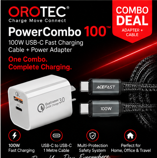 OROTEC PowerCombo 100™ USB-C Fast Charging Cable + Power Adapter Combo