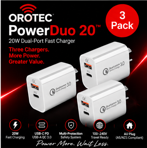 OROTEC PowerDuo 20™ 20W USB-C PD + QC 3.0 Fast Charger – 3 Pack