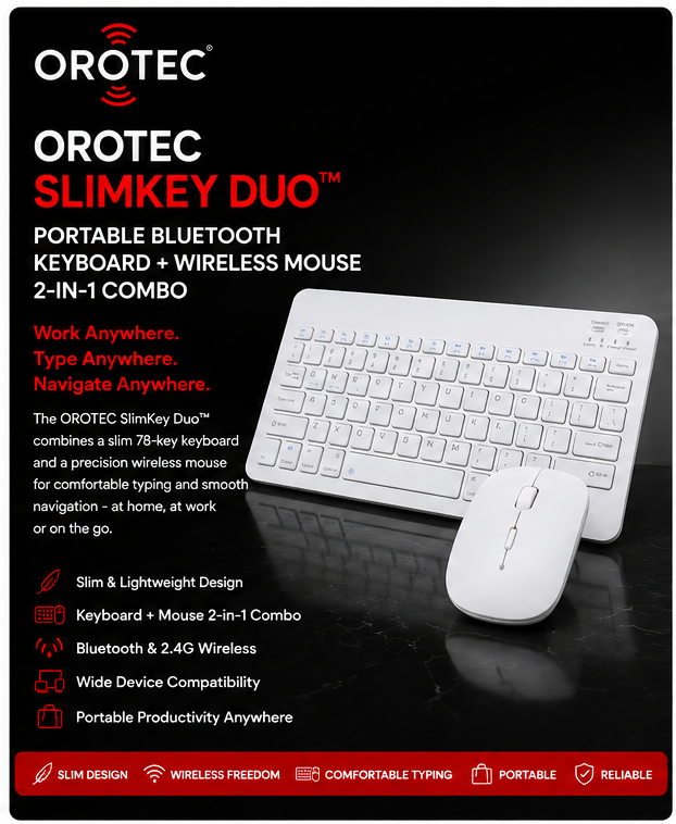 OROTEC SlimKey Duo™ Portable Bluetooth Keyboard & Wireless Mouse 2-in-1 Combo – White