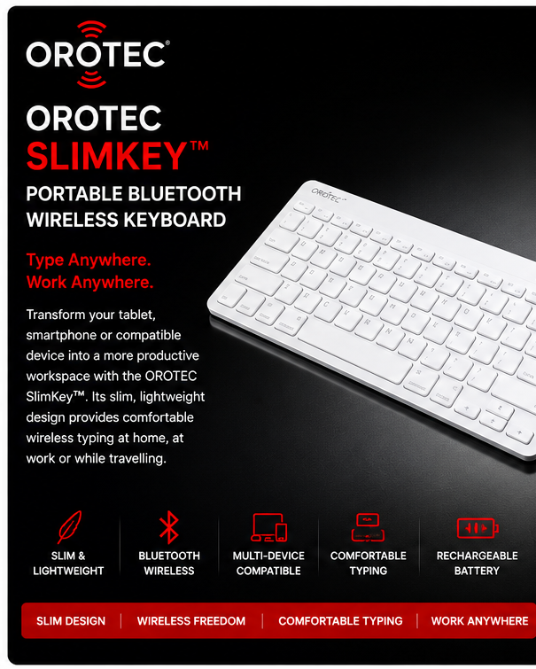 OROTEC SlimKey™ Portable Bluetooth Wireless Keyboard – White