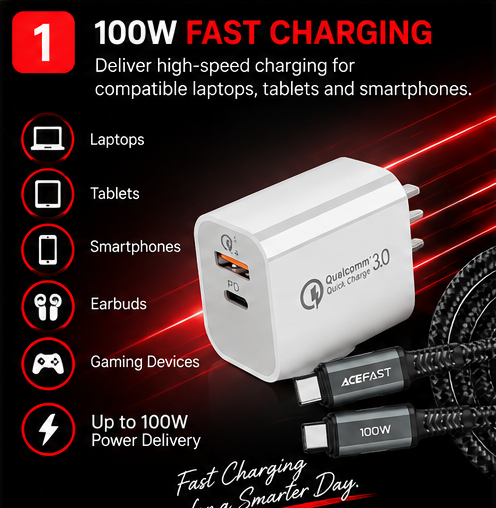 OROTEC PowerCombo 100™ USB-C Fast Charging Cable + Power Adapter Combo