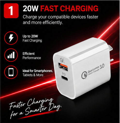 OROTEC PowerDuo 20™ 20W USB-C PD + QC 3.0 Fast Charger – 3 Pack
