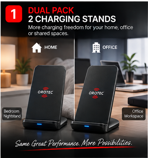OROTEC NexGen Charge Stand Duo™ 10W Dual-Coil Wireless Charger – 2 Pack