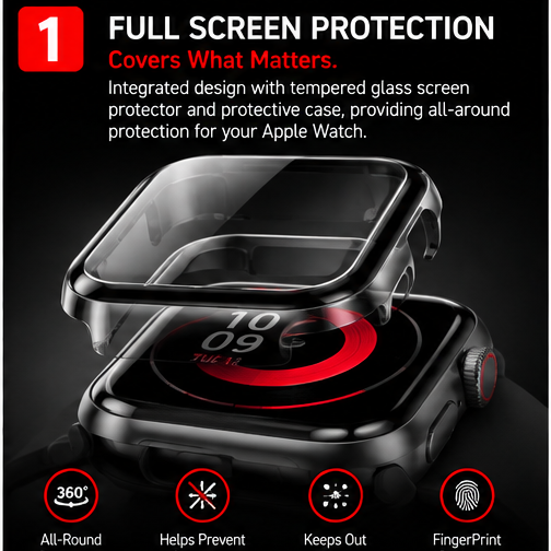 OROTEC WatchShield™ Tempered Glass Screen Protector & Protective Case for Apple Watch