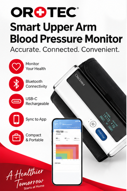OROTEC Smart Upper Arm Blood Pressure Monitor with Bluetooth & USB-C Rechargeable Battery