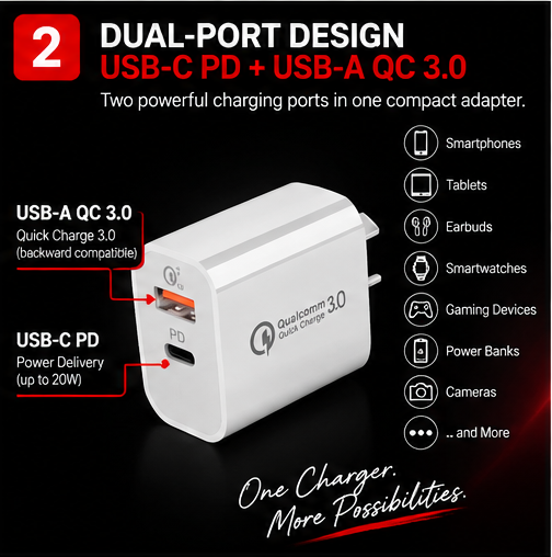 OROTEC PowerDuo 20™ 20W USB-C PD + QC 3.0 Fast Charger – 3 Pack