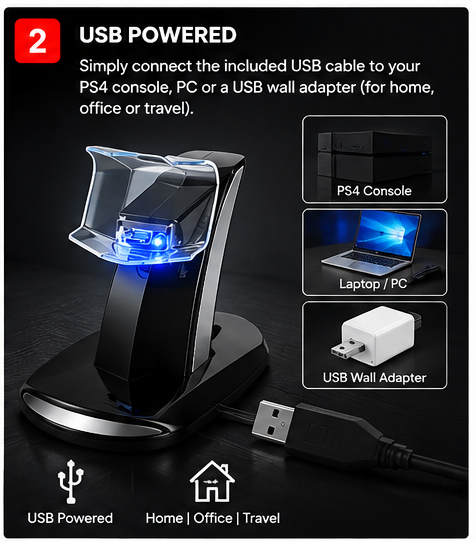 OROTEC DualCharge™ Dual USB Charging Stand for PS4 Controllers – Black