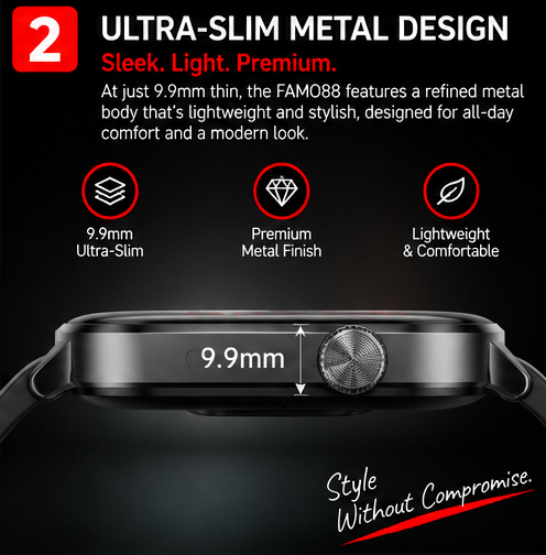 OROTEC Vantage AMOLED™ 1.85" Ultra-Slim Smartwatch with 100+ Sports Modes