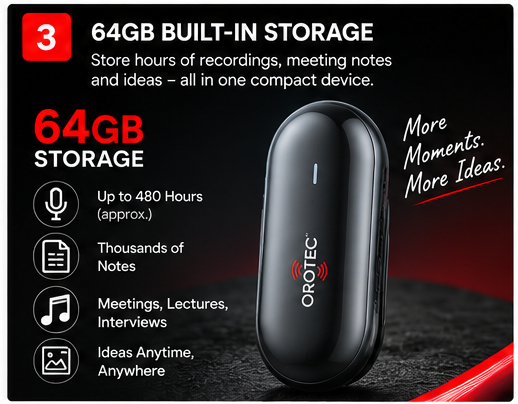 OROTEC NoteAI™ 64GB Wearable AI Voice Recorder & Smart Note Taker