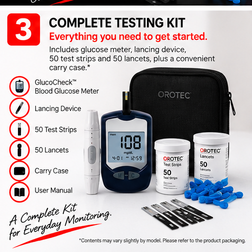 OROTEC GlucoCheck™ Blood Glucose Monitoring System with 50 Test Strips & Lancets