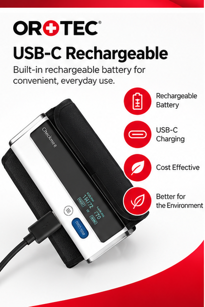 OROTEC Smart Upper Arm Blood Pressure Monitor with Bluetooth & USB-C Rechargeable Battery