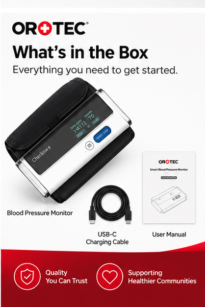 OROTEC Smart Upper Arm Blood Pressure Monitor with Bluetooth & USB-C Rechargeable Battery