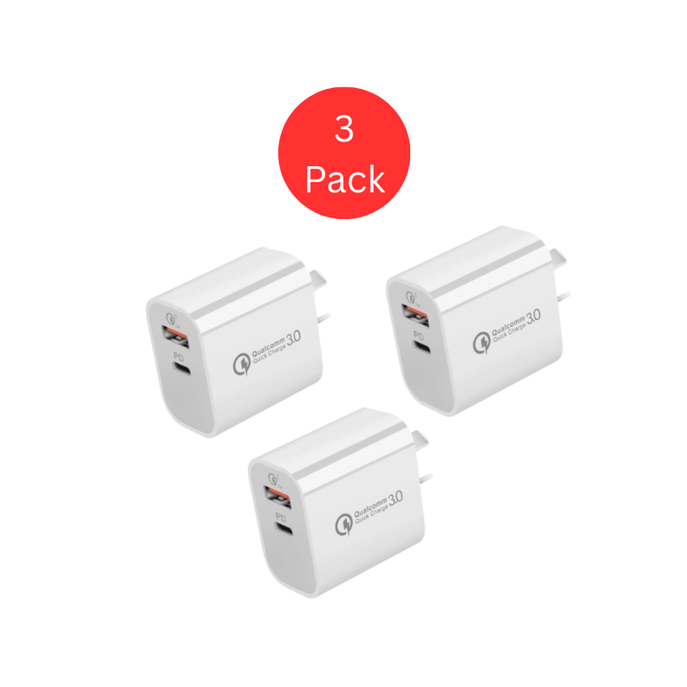 OROTEC PowerDuo 20™ 20W USB-C PD + QC 3.0 Fast Charger – 3 Pack